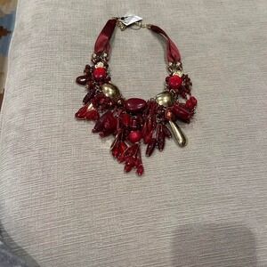 NWT Chicos Red and gold statement necklace with beads and tassels